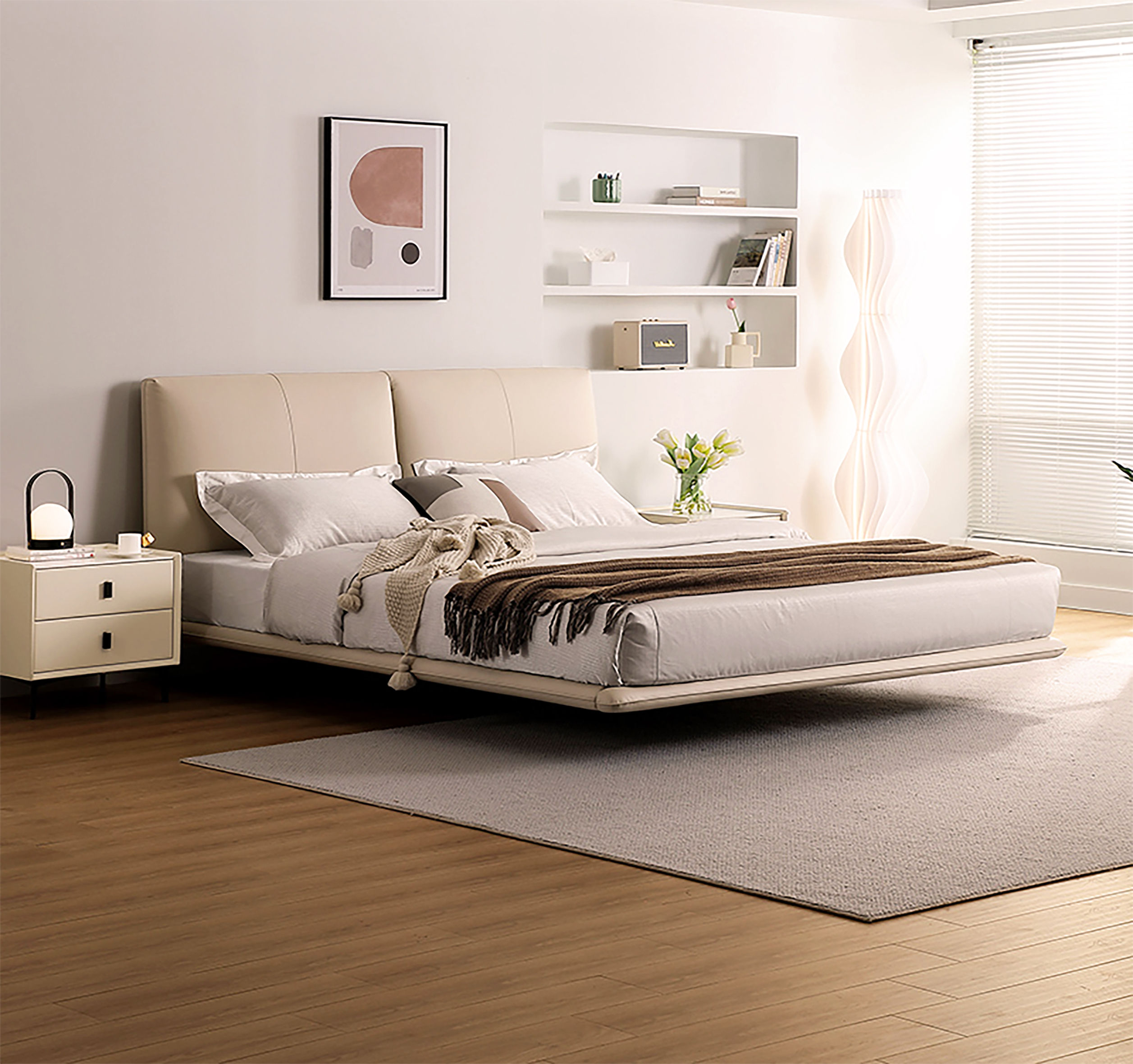 Leandrew Taupe Upholstered Bed Frame + Pedestals - Image 3